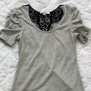 Forever 21 Black Lace-Back Striped Scoop Tee with Ruched sleeves Size small